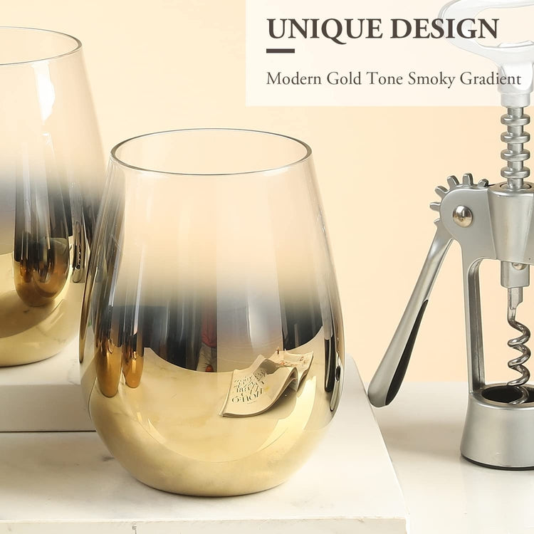 Stemless Wine Glasses with Gold Tone Smoky Gradient Design, Set of 4 –  MyGift
