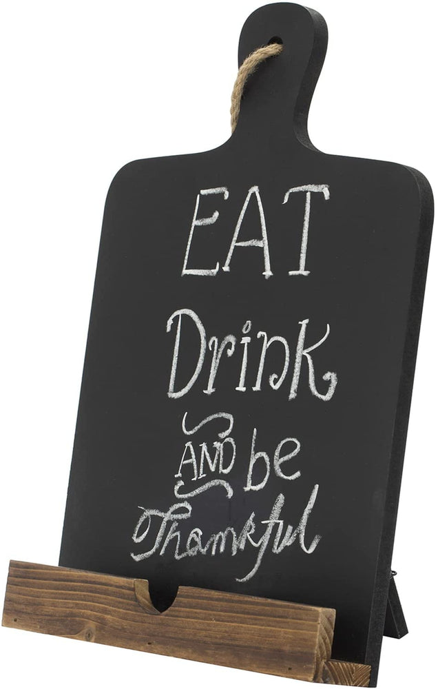 Black Wood Cookbook Holder Stand Chalkboard Cutting Board, Recipe Display and Tablet Easel with Brown Wooden Kickstand