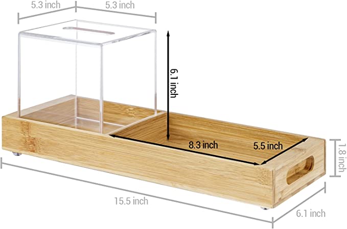 Bamboo Vanity Toilet Tank Display Storage Tray with Clear Acrylic Square Tissue Box Cover and Cutout Handles-MyGift