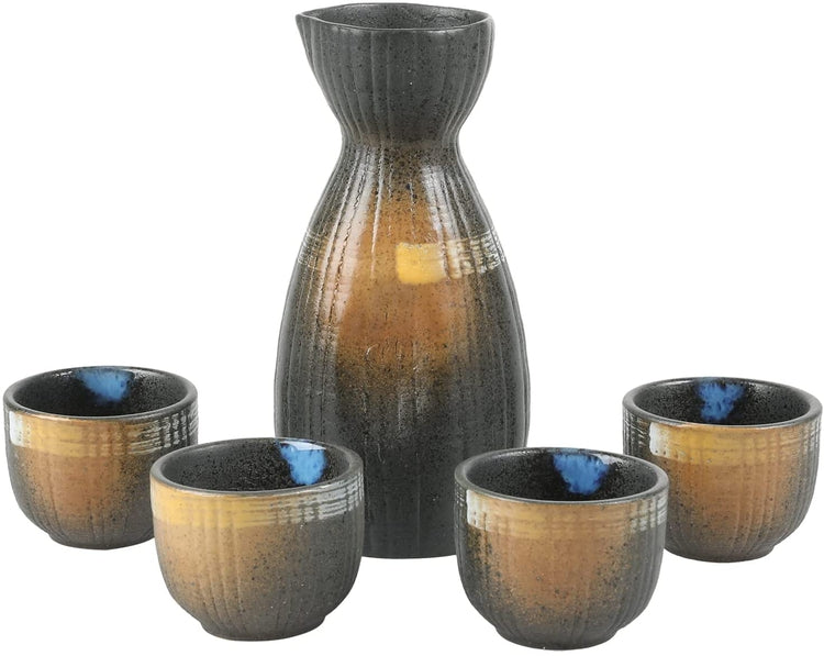 Ceramic Traditional Sake Serving Set with Black Embossed Finish and Brushed Accents, Large Carafe Sake Bottle and 4 Cups