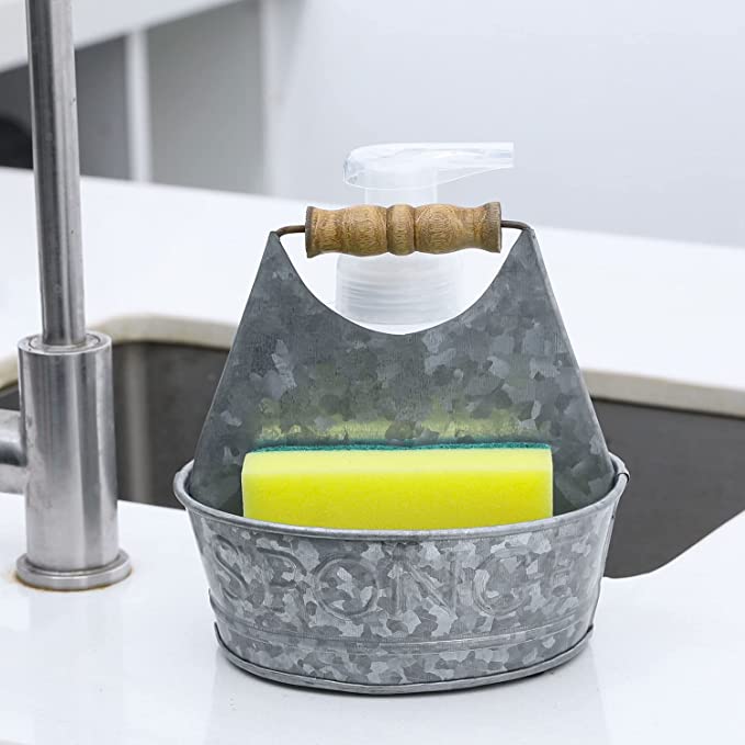 MyGift Sink Sponge Holder Storage Organize, Rustic Silver Galvanized Metal Bucket Shaped Kitchen Sponge Holder Tray