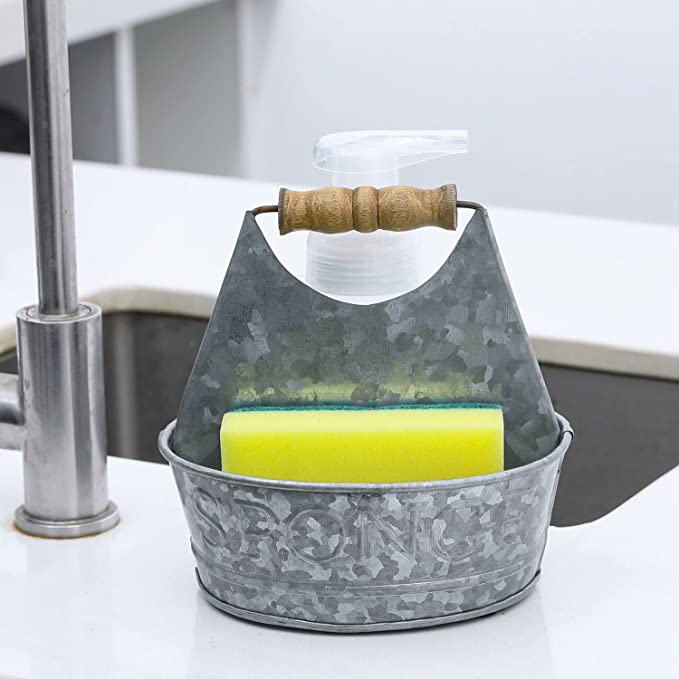 Sink Sponge Holder Storage Organize, Rustic Silver Galvanized Metal Bucket Shaped Kitchen Sponge Holder Tray