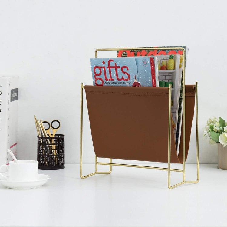 Freestanding Brass Plated Metal Wire and Caramel Leatherette Magazine Sling Rack