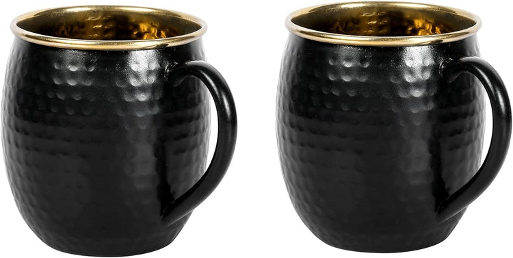Set of 2, Hammered Pattern Black and Gold Tone Stainless Steel Moscow Mule Mugs-MyGift