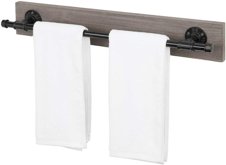Rustic Gray Wood & Industrial Metal Pipe Wall Mounted Towel Bar Rack-MyGift