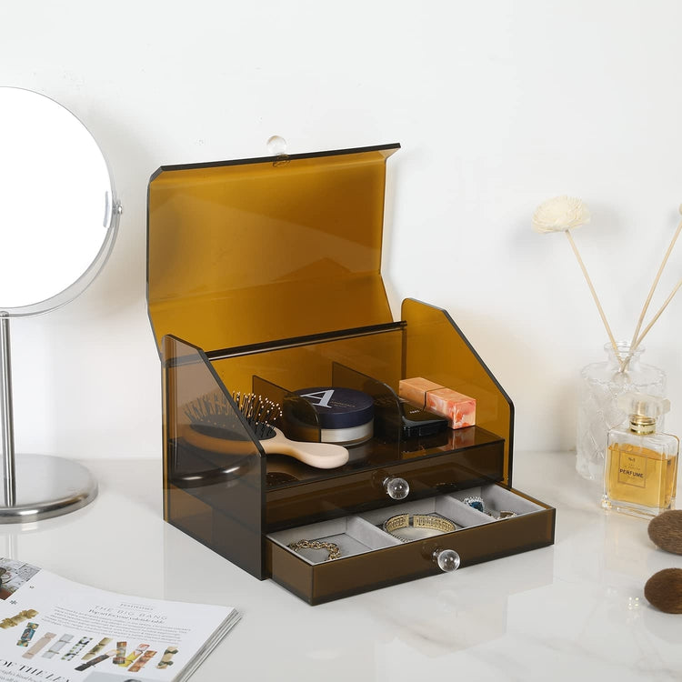 Amber Acrylic Jewelry Box with 2 Velvet Lined Jewelry Drawers, Display Case for Earrings, Rings, Necklaces, Bracelets-MyGift
