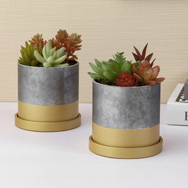 Set of 2, 4-inch Cylindrical Galvanized Metal and Gold-Tone Mini Succulent Planter Pots with Trays-MyGift
