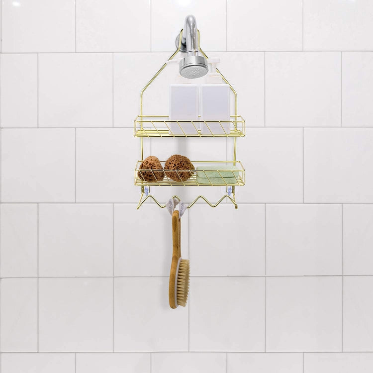Brass Plated Metal Over The Shower Head Caddy, Hanging Bathroom Organizer Rack-MyGift