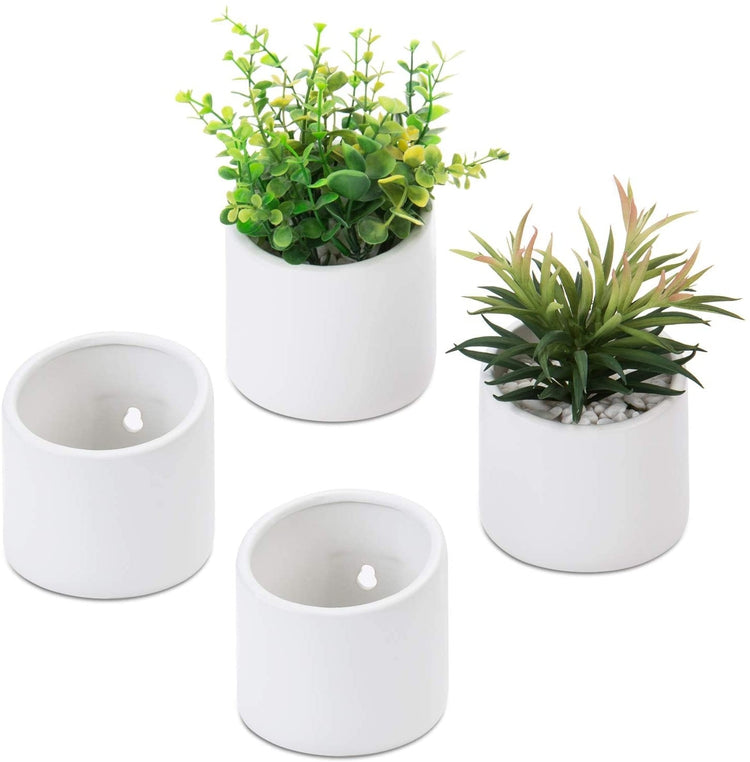 Set of 4, Matte White Ceramic Wall-Mounted Hanging Cylinder Planter Pots-MyGift