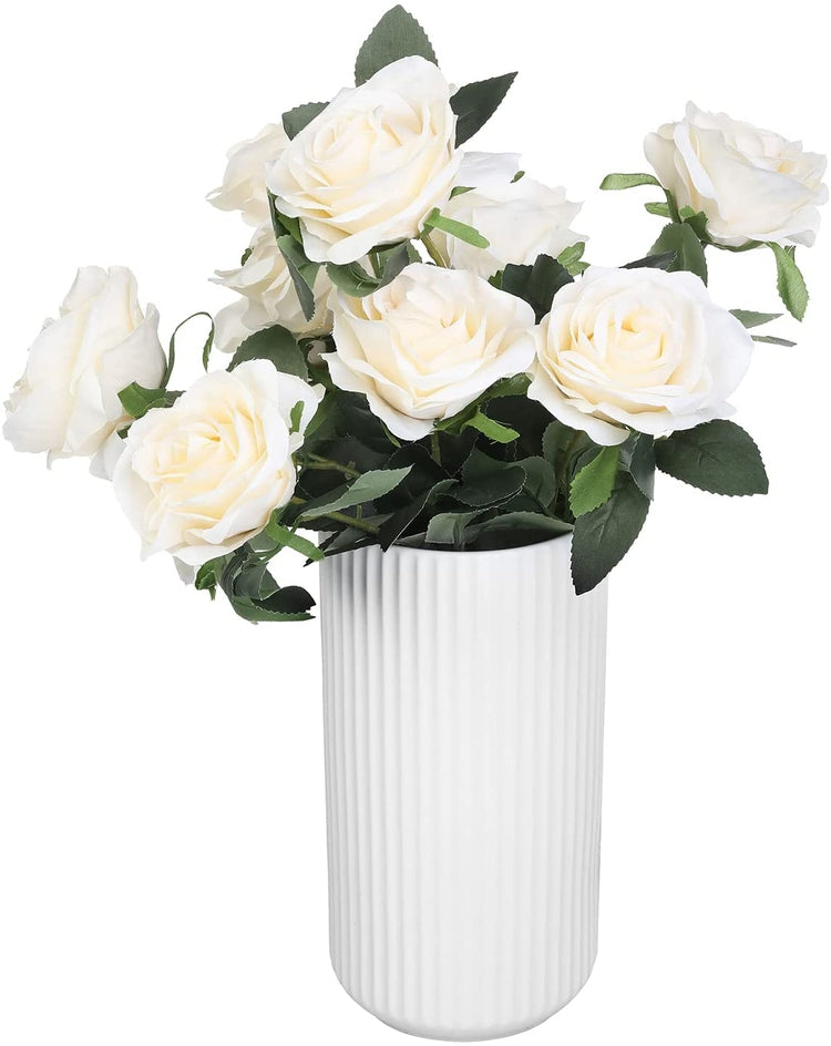 Artificial White Roses with Stem Fake Flowers Bouquet and White Ceramic Vase with Vertical Ribbed Embossed Pattern