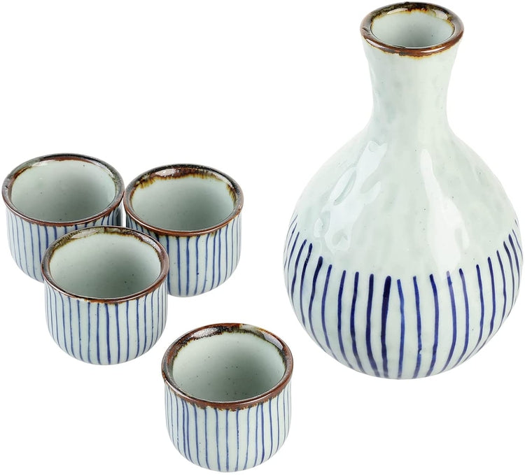 Traditional Japanese Blue Striped Ceramic 5 Piece Sake Set with Serving Carafe and 4 Drinking Cups-MyGift