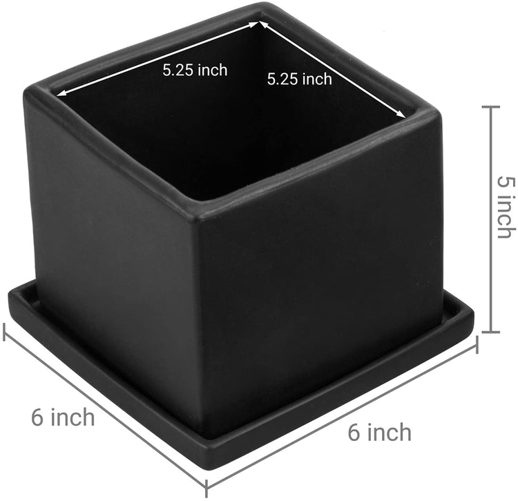 Set of 2, Matte Black Ceramic Square Planters with Removable Saucers-MyGift