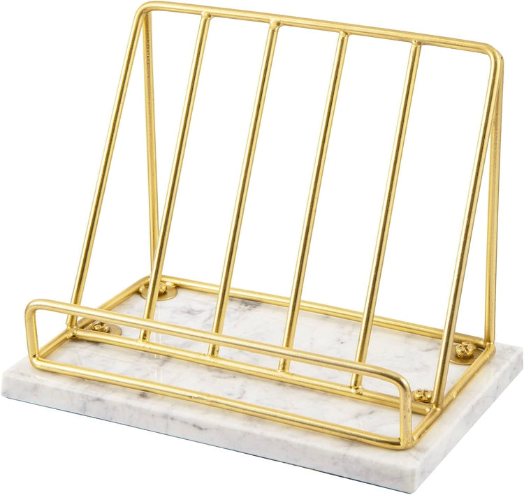 Brass Metal Wire and White Marble Kitchen Cookbook Stand, Countertop Recipe Book and Tablet Holder-MyGift