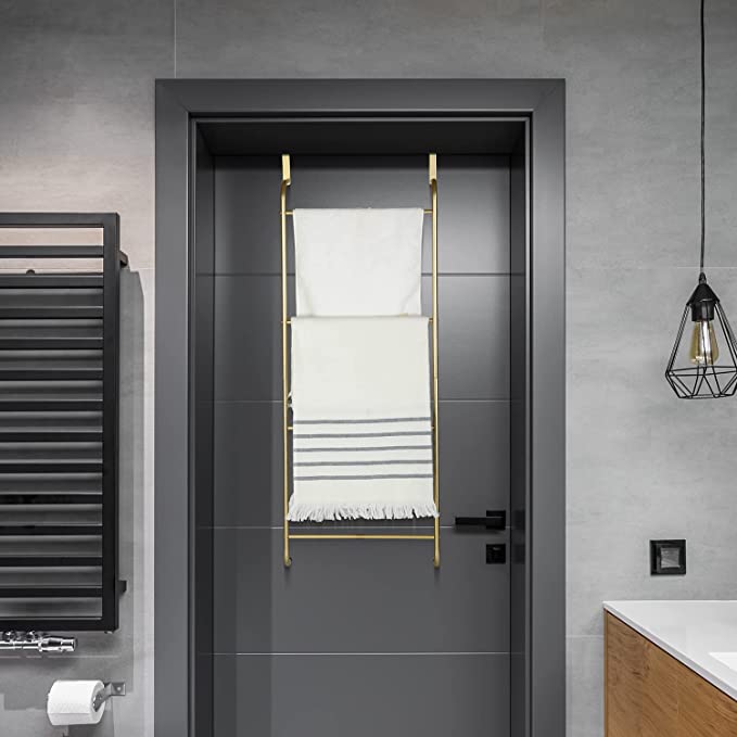 Brass Tone Metal Over-The-Door Towel Rack, Bathroom Towel Hanging Storage Holder with 4-Rungs