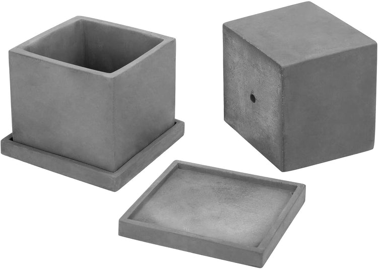 Set of 2, 5-inch Dark Gray Cement Cube Planters with Removable Trays-MyGift