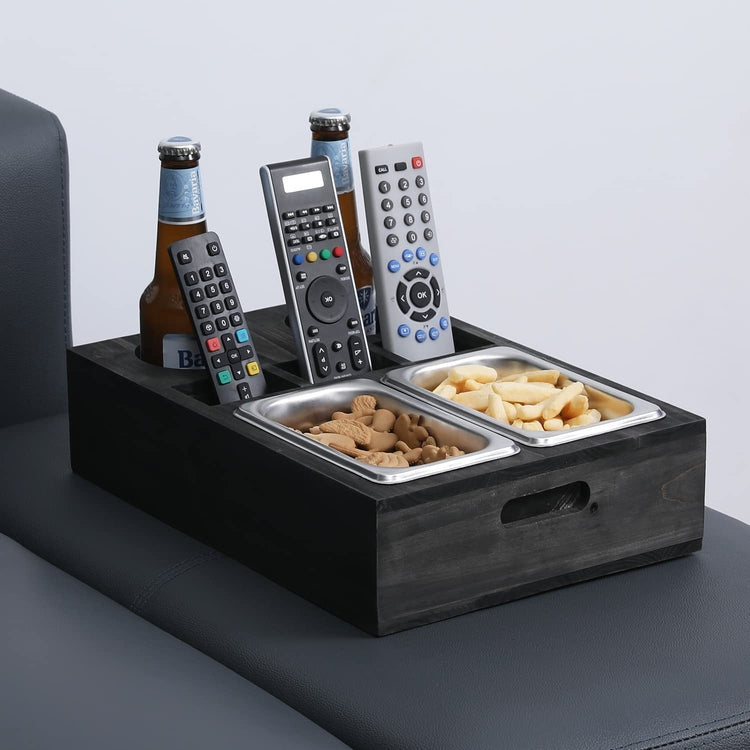 MyGift Burnt Wood Snack Caddy with Slots for Beer, Beverages, and Remote Controls with Black Metal Home Cutout Decoration