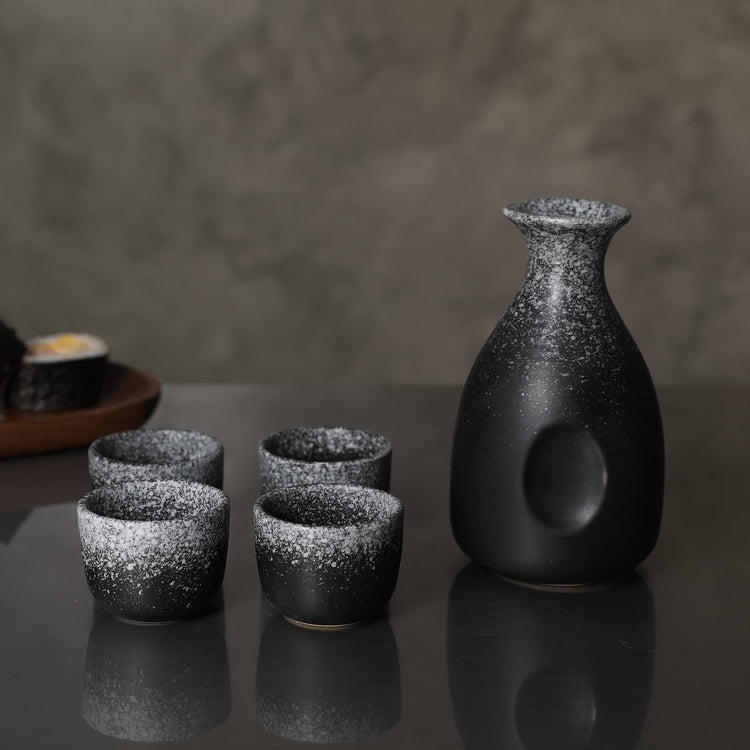 Granite Stone Pattern Black Ceramic Japanese Style Sake Serving Set with Sake Bottle Server Carafe and 4 Shot Glass Cups-MyGift