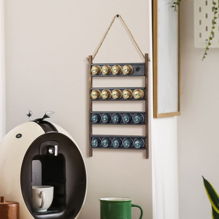 Wall Hanging Burnt Wood Coffee Pod Capsule Holder Rack with Tiered Black Metal Rung Sliding Storage and Rope Accent-MyGift