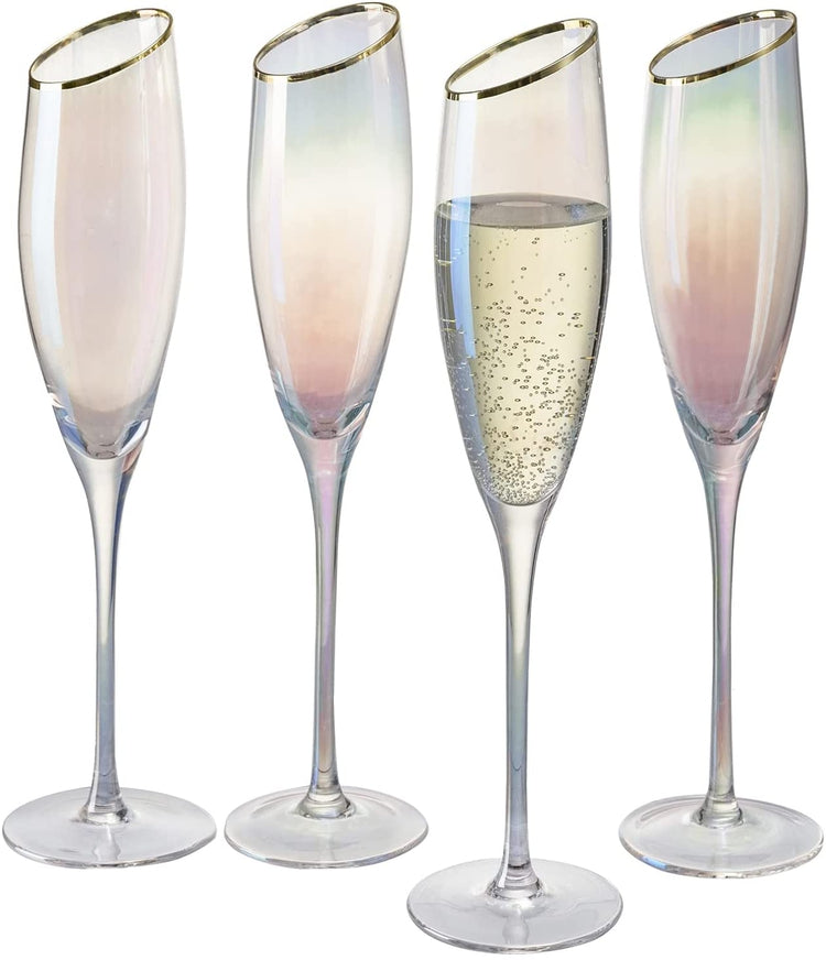 Colorful Iridescent Rainbow Gradient Stemmed Champagne Flute Glasses with Angled Gold Rim, Set of 4