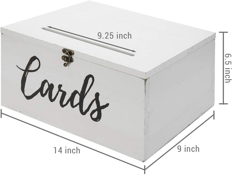 White Wood Wedding Card Holder Box with Slotted Lid and Antique Hinge Lock-MyGift