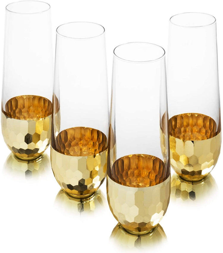 Set of 4, Stemless Champagne Flute Party Glasses with Hammered Brass Plated Bottoms-MyGift