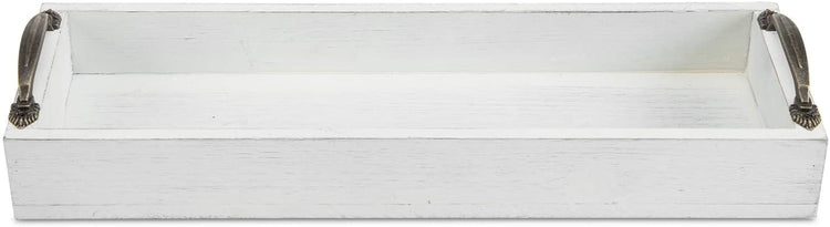 16-inch White Wood Rectangular Serving Tray with Antique Metal Handles-MyGift