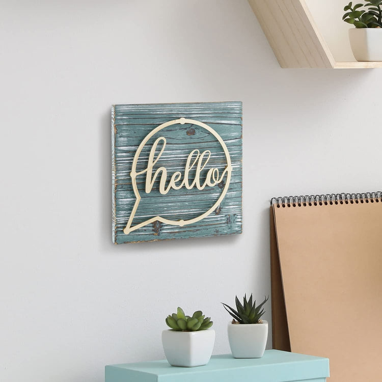 Distressed Weathered Green Wood and Brass Metal Wall Mounted "hello" Letter Sign Hanging Entryway Decoration-MyGift