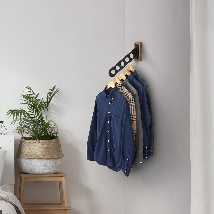 Burnt Wood and Matte Black Metal 5-Slot Angled Garment Clothing Wall Rack Hanger