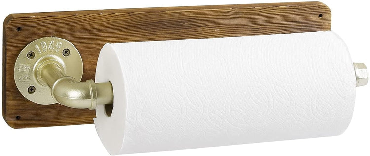 Burnt Wood Kitchen Paper Towel Holder Wall Mount Dispenser with Industrial Brass Pipe Bar-MyGift