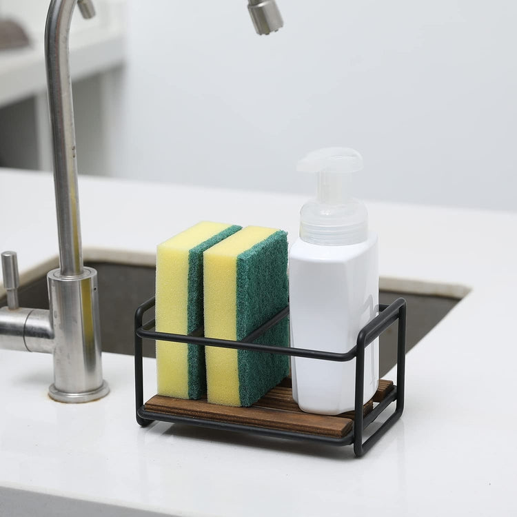 Kitchen Soap and Sponge Holder Sink Caddy, Burnt Wood and Industrial Black Metal Tray Liquid Soap Dispenser Storage Dish