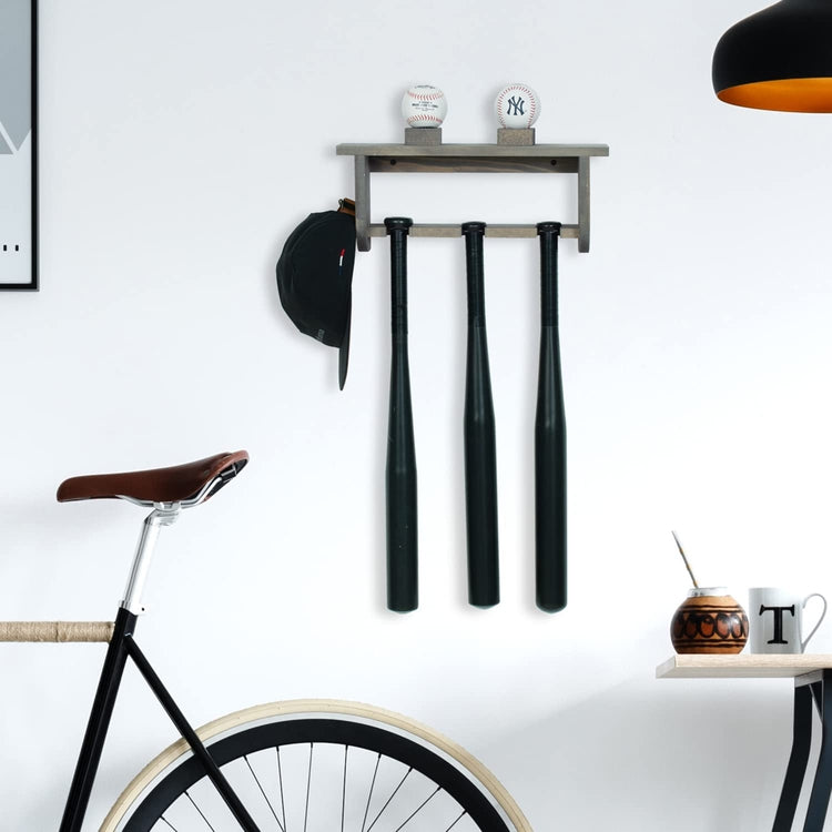Wall Mounted Baseball Gear Rack, Gray Wood Hat Rack for Wall Hanging Display Shelf, 2 Ball Holders and Cap, Glove Hook