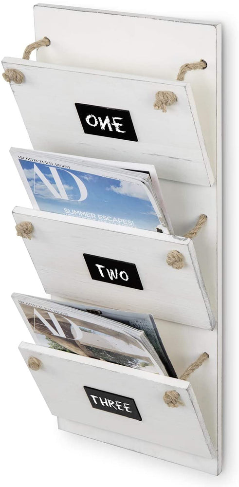 3-Slot Wall Mounted White Wood Mail Holder, Magazine Rack with Rustic Rope and Chalkboard Labels-MyGift