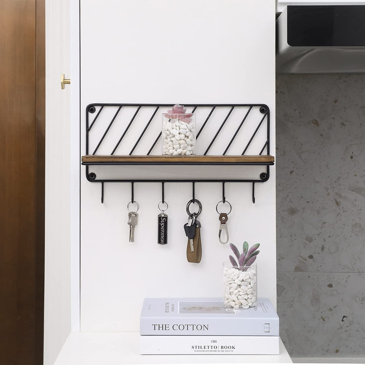 Burnt Wood and Matte Black Metal Wall Mounted Key Hooks with Floating Display Storage Shelf