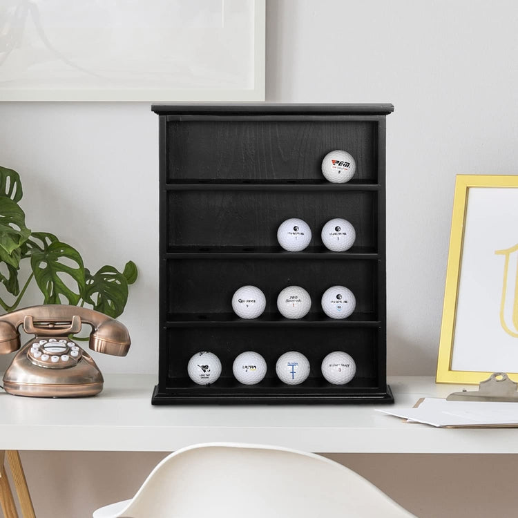 Tiered Golf Ball Holder, Wall Mounted Black Wood Golf Display Case Cabinet Shelf, Holds 16 Balls-MyGift