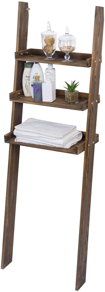 3-Tier Dark Brown Wood Over-The-Toilet Leaning Bathroom Ladder Shelf-MyGift