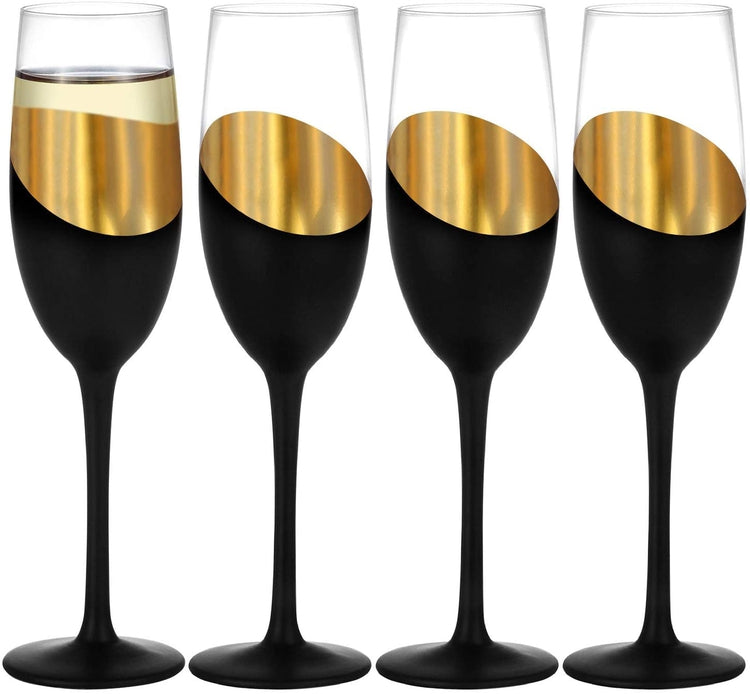 Set of 4, Modern 8 oz Stemmed Champagne Flutes, Black and Gold Plated Drinking Glasses-MyGift