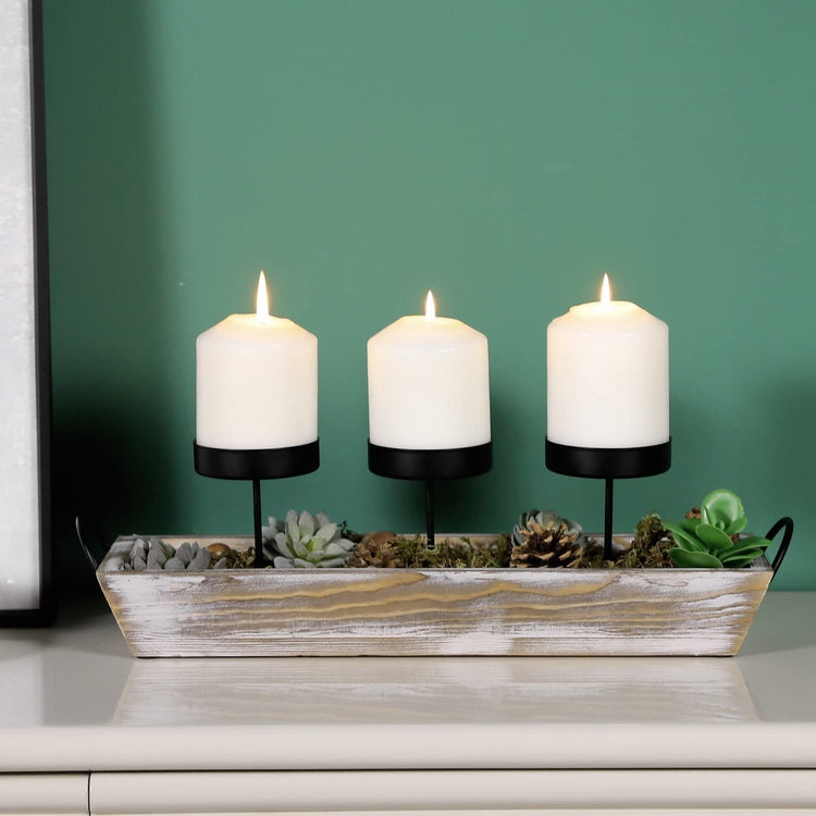 Tabletop Display Candle Holder with Black Metal Pillar Pedestals and Decorative Whitewashed Wood Tray Base