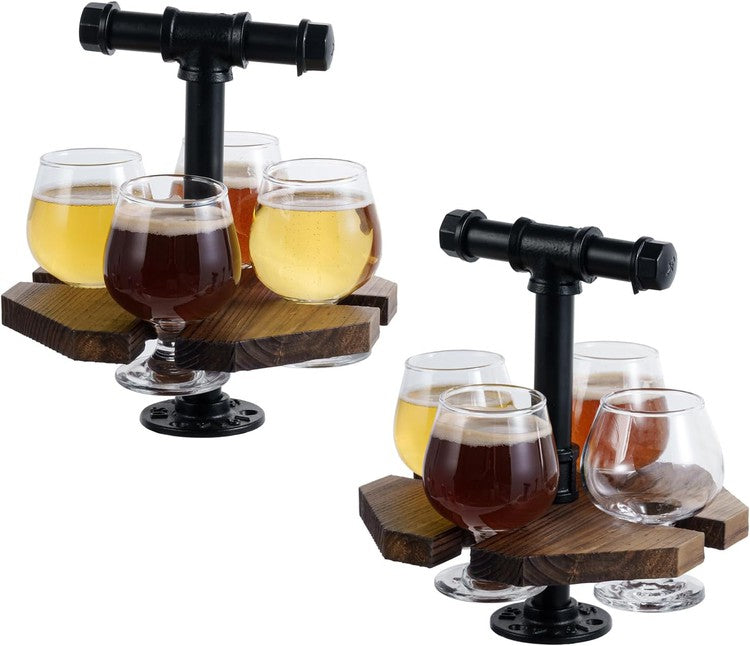 Brown Wood and Black Metal Serving Beer Whiskey Flight Set Tray, Tasting Beer Glasses, Set of 2-MyGift