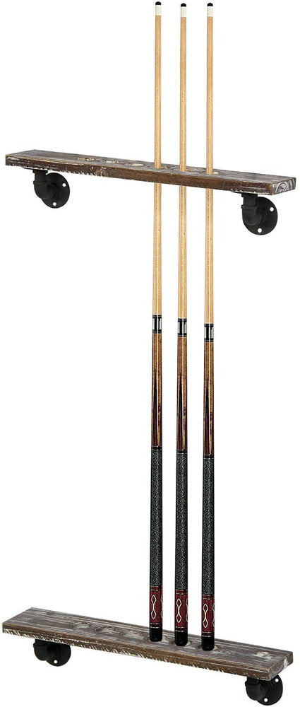 6-Cue Torched Wood & Industrial Metal Pipe Wall Mounted Billiards, Pool Cue Stick Display Rack-MyGift