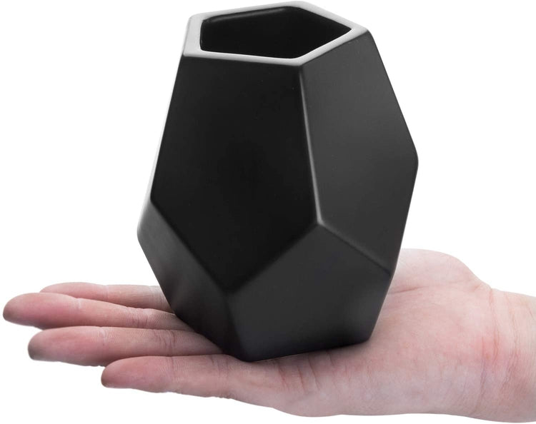 Set of 2, Matte Black Ceramic Geometric Flower Vases-MyGift
