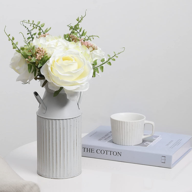 Artificial White Rose Fake Flowers Bouquet with Farmhouse Vintage White Metal Milk Jug Vase