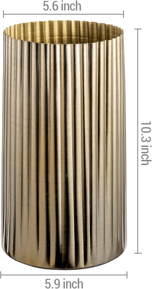 10 Inch Tall Flower Vase, Brass Tone Metal Fluted Centerpiece with Scalloped Edge, Vertical Ribbed Pattern Planter-MyGift