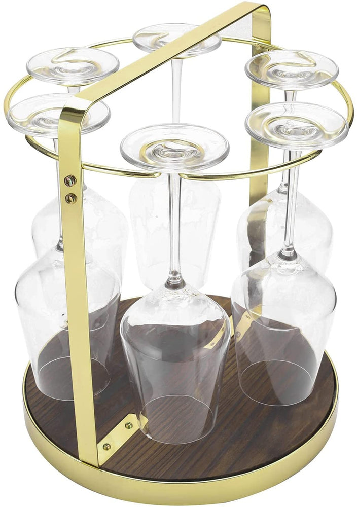 Brass Metal and Burnt Wood Tabletop Stemware Holder Rack, Wine Glass Serving Caddy-MyGift