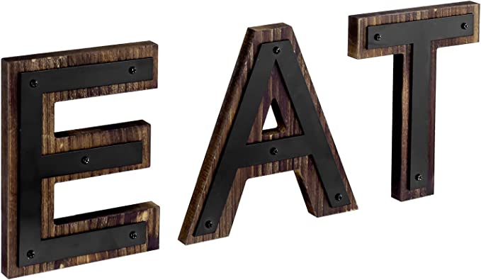 Cutout Decorative Wall Mounted EAT Letter Sign with Burnt Wood and Matte Black Metal-MyGift