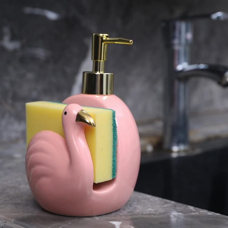 Pink Flamingo Ceramic Gold-tone Pump Dish Soap Dispenser and Kitchen Sponge Holder