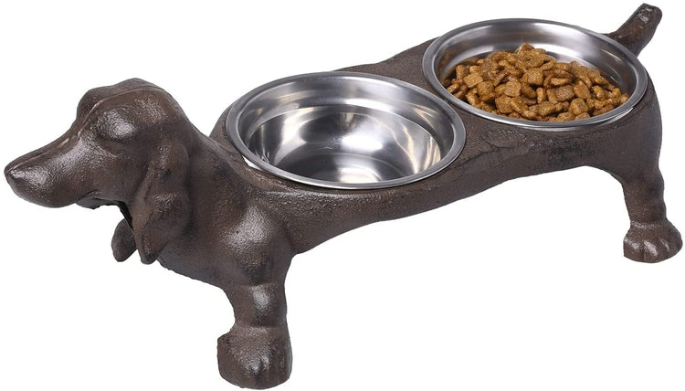 Rustic Cast Iron Dachshund Hot Dog Design Small Pet Feeder with 2 Stainless Steel Bowls-MyGift