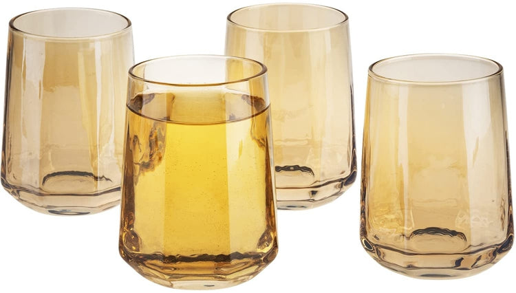 Set of 4, Geometric Clear Amber Smoke Tone Stemless Wine, Beverage Glasses-MyGift