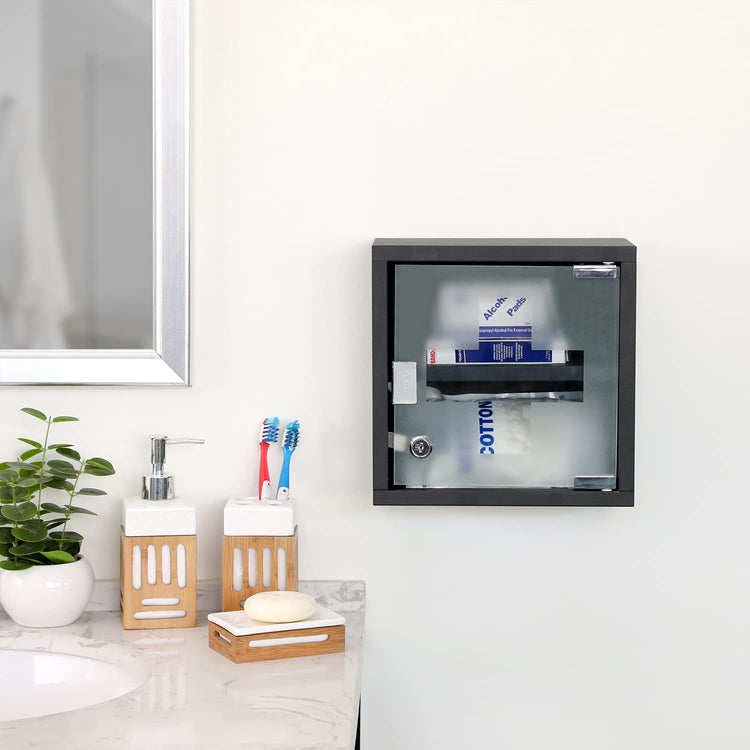 Wall Mounted Medicine Cabinet Organizer, Black Metal First Aid Supplies Storage Box with Locking Frosted Glass Door