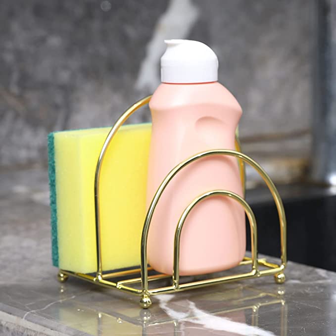 Modern Brass Tone Metal Wire 2 Slot Sponge Holder, Sponge Brush Countertop Storage Rack