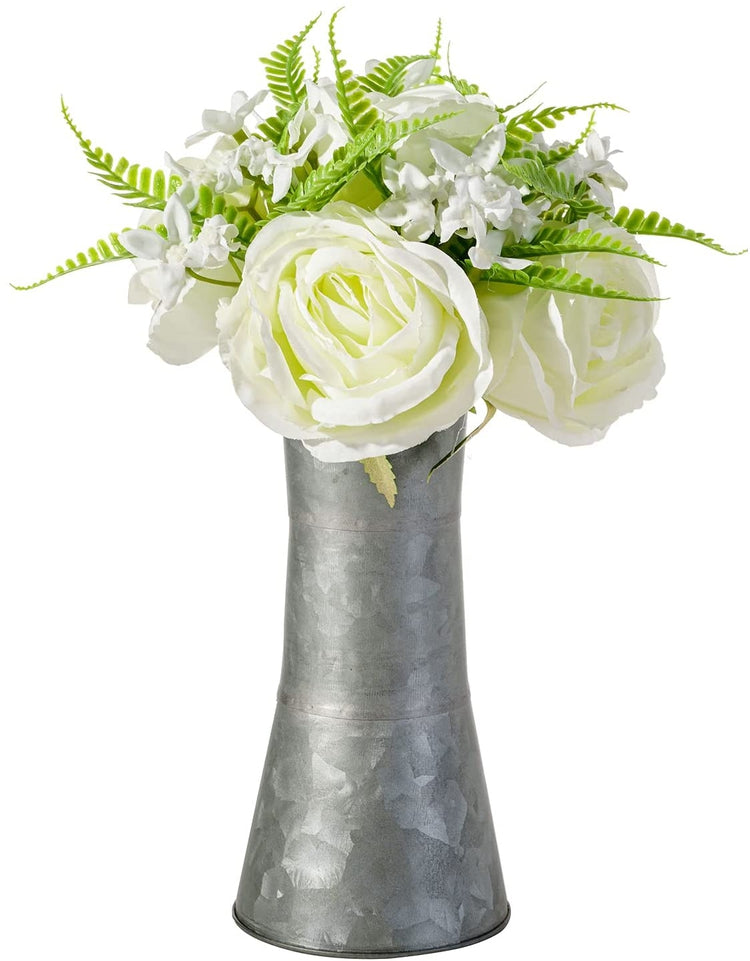 White Faux Roses Artificial Flower Bouquet Arrangement in Rustic Galvanized Metal Vase